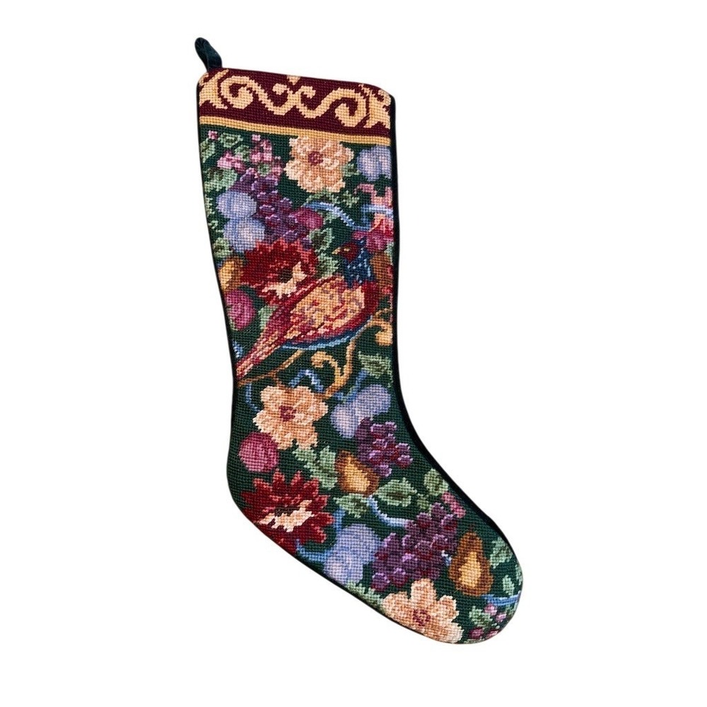 Sferra Christmas Stocking Floral Bird Needlepoint 18x7‎ L old world Grandmacore